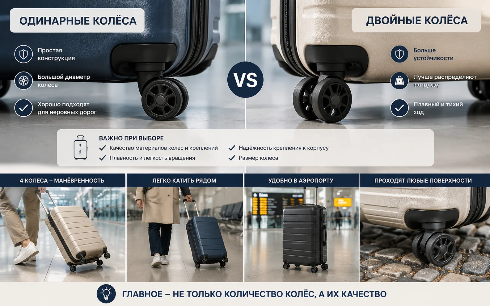 Какие колёса лучше для чемодана: двойные или одинарные? — Одинарные или двойные, два или четыре колеса — разбираемся, какая конструкция удобнее и надёжнее в путешествии, на что обратить внимание при выборе чемодана и почему количество колёс — далеко не ед