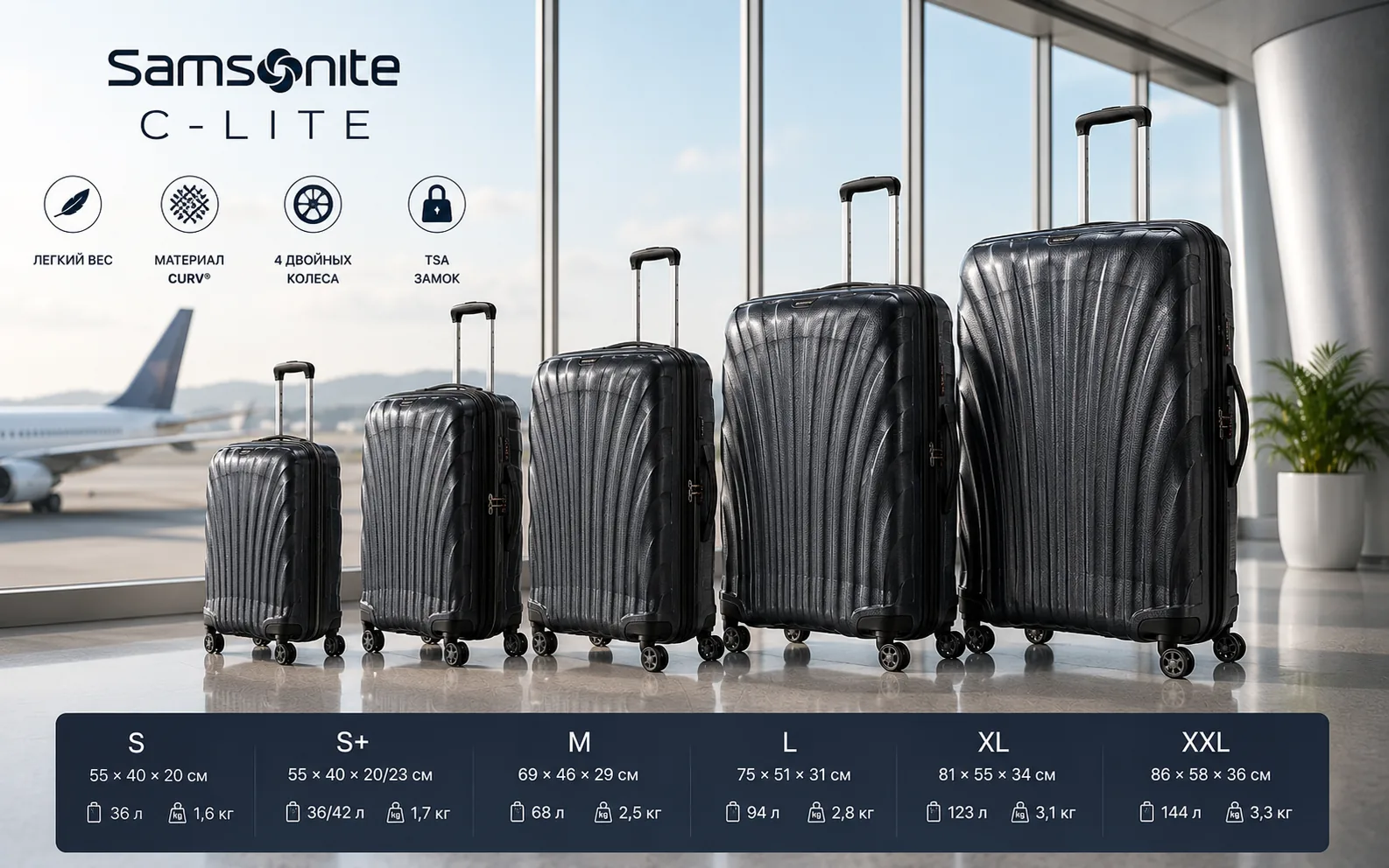 Samsonite C-Lite: обзор чемоданов, материал Curv и размеры серии — Чем отличаются чемоданы Samsonite C-Lite и почему эта серия считается одной из самых лёгких в линейке Samsonite? Разбираемся, что такое материал Curv, какие размеры C-Lite существуют и как